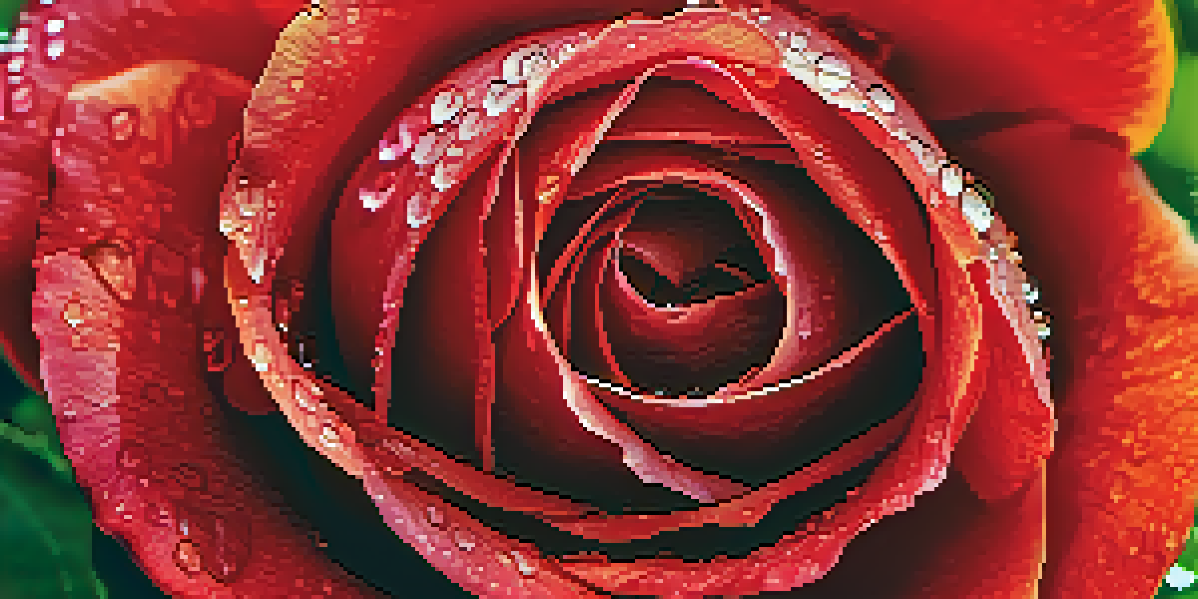 A close-up view of a bright red rose with dew drops on its petals, surrounded by blurred green leaves and warm sunlight.