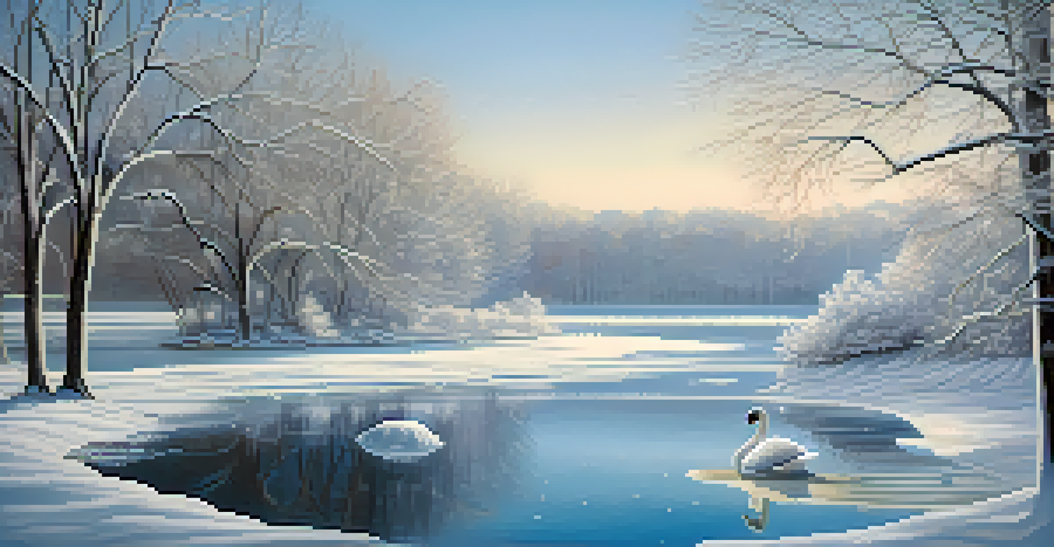 An ice sculpture of a swan on a frozen lake with snowfall and frosty trees in the background.
