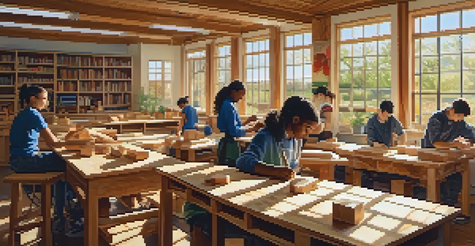 A classroom filled with students of various backgrounds working on a woodworking carving project, with sunlight streaming through windows and illuminating their activities.