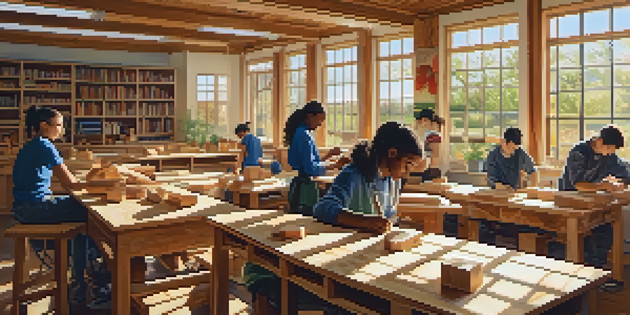 A classroom filled with students of various backgrounds working on a woodworking carving project, with sunlight streaming through windows and illuminating their activities.