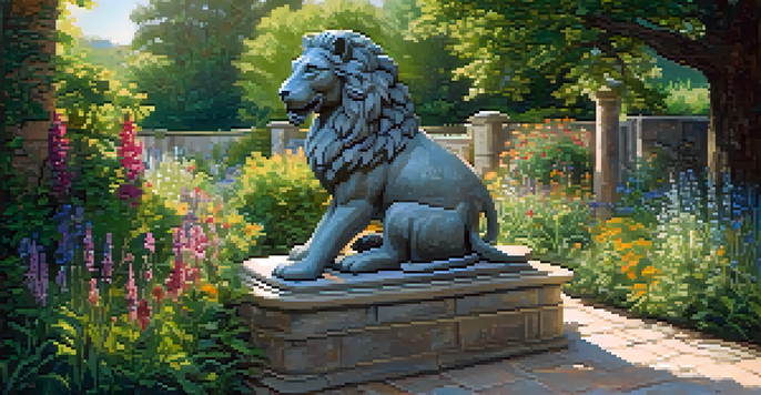 A large stone statue of a mythical creature in a garden, surrounded by colorful wildflowers and dappled sunlight.