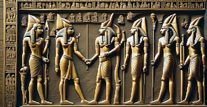 Close-up view of an ancient stone relief carving depicting a pharaoh and gods, with intricate details and a play of light and shadow.