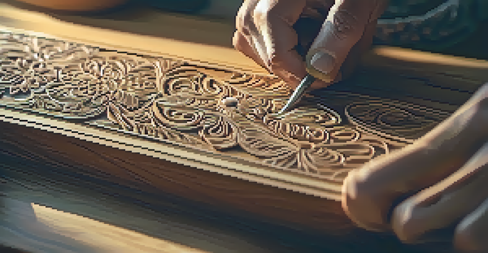 Close-up of an artisan's hands carving intricate patterns into wood under warm, natural light.