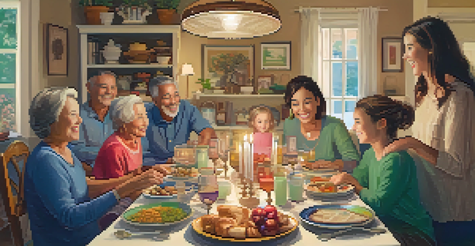 A family gathering around a table with homemade food, smiling and conversing in a cozy atmosphere, with warm lighting and a hand-painted portrait in the background.