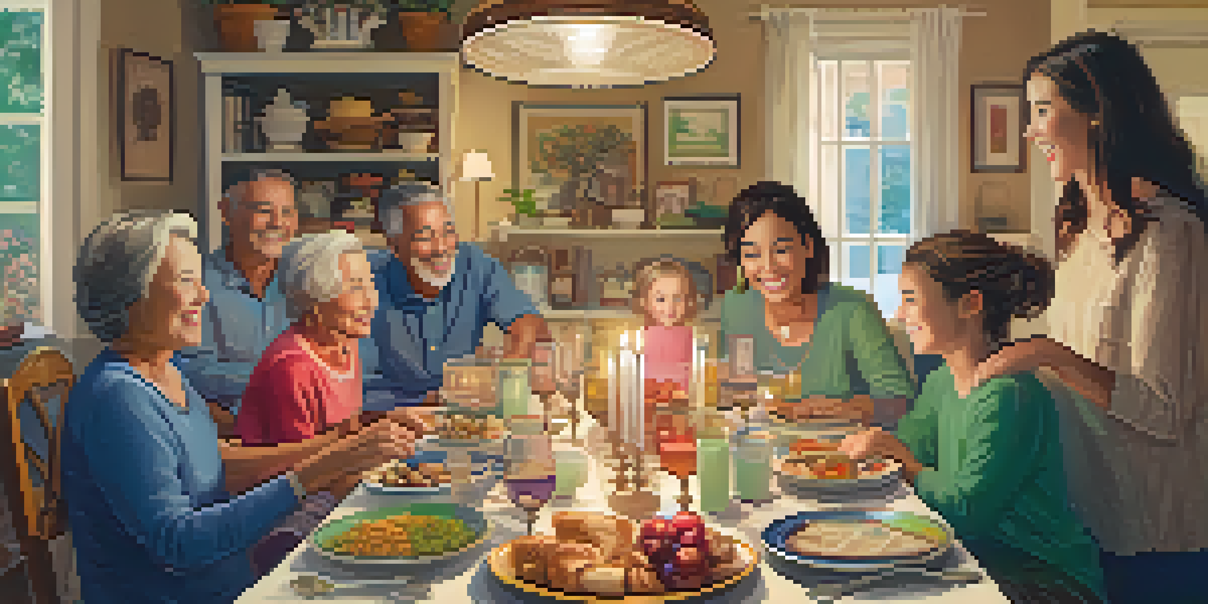 A family gathering around a table with homemade food, smiling and conversing in a cozy atmosphere, with warm lighting and a hand-painted portrait in the background.