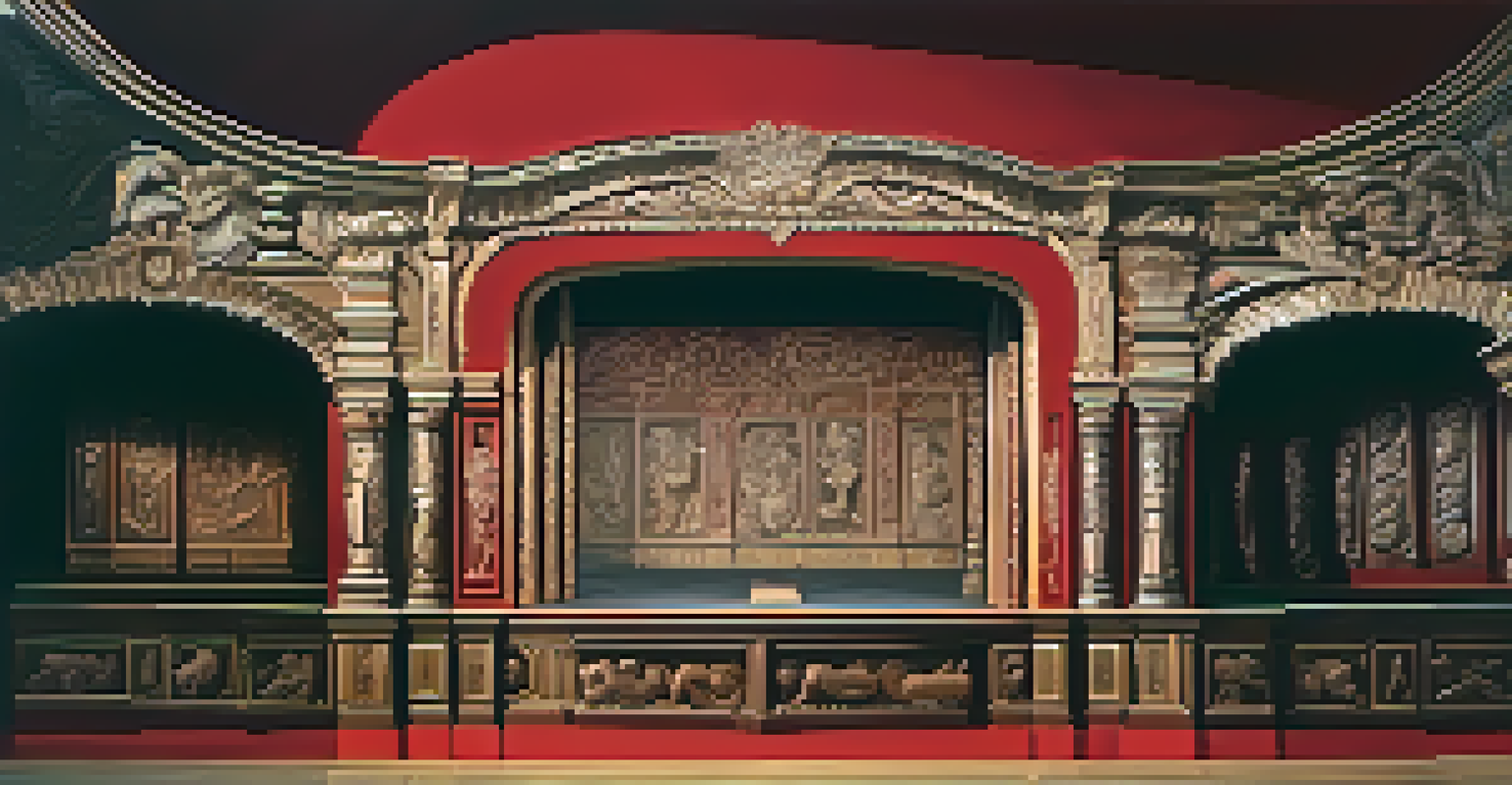 A theater set with jagged carvings on the wall, illuminated with dramatic lighting in deep red and black tones.