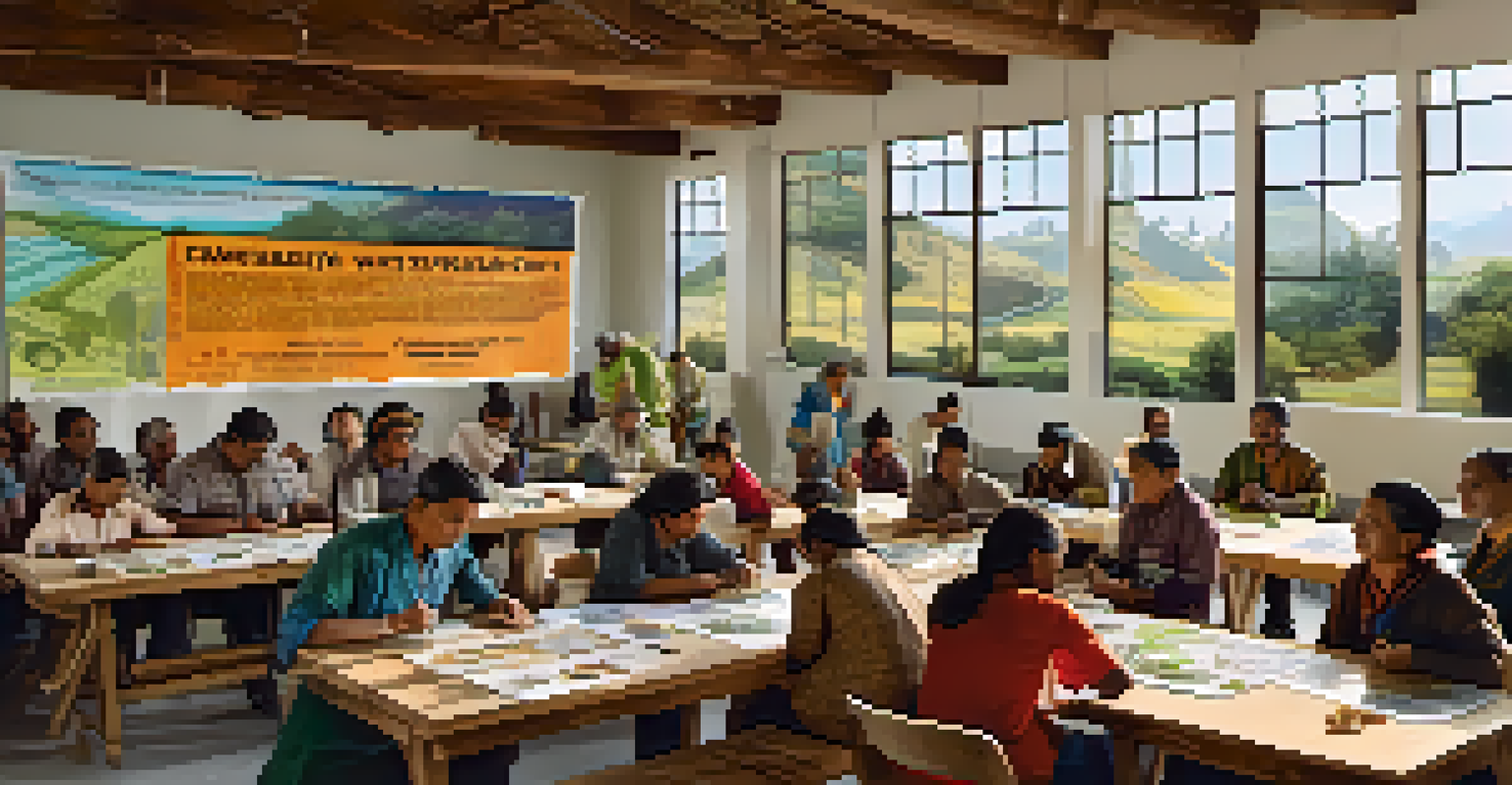 A community workshop with artisans discussing sustainable carving practices, featuring educational posters and a large banner.