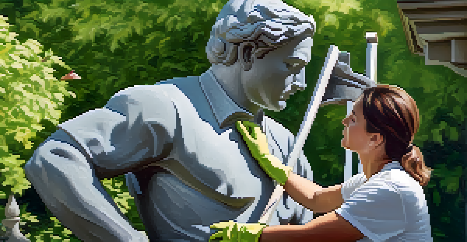 A professional stone restorer cleaning a granite sculpture in a garden, surrounded by greenery and dappled sunlight, emphasizing care and precision.