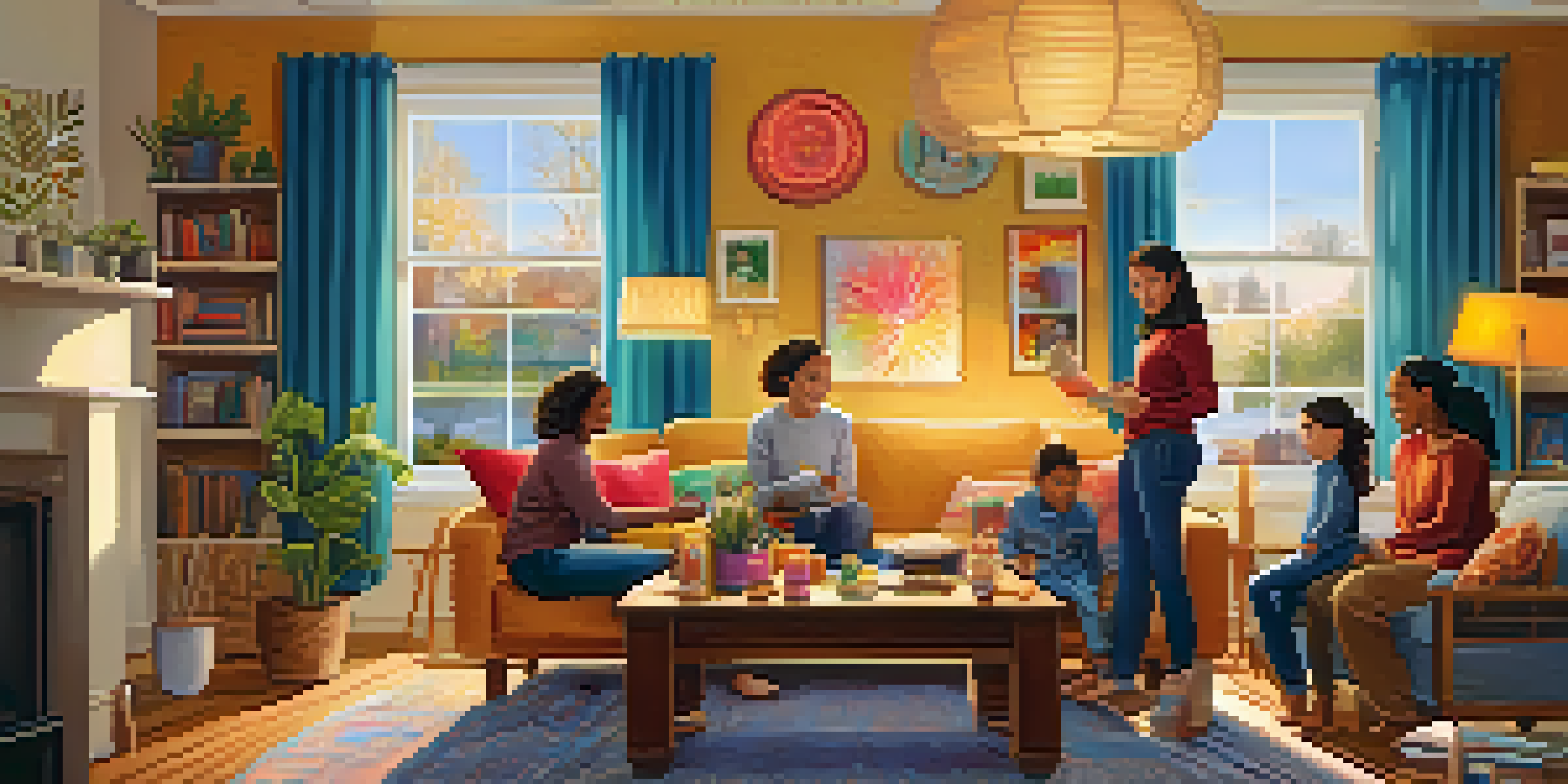 A warm family gathering with members creating art in a cozy living room, surrounded by colorful art supplies and vibrant artworks.