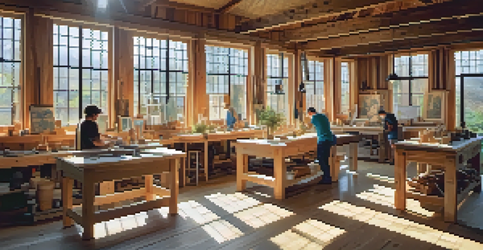 A bright and welcoming carving workshop where artists are engaged in eco-friendly projects with natural light illuminating their work.