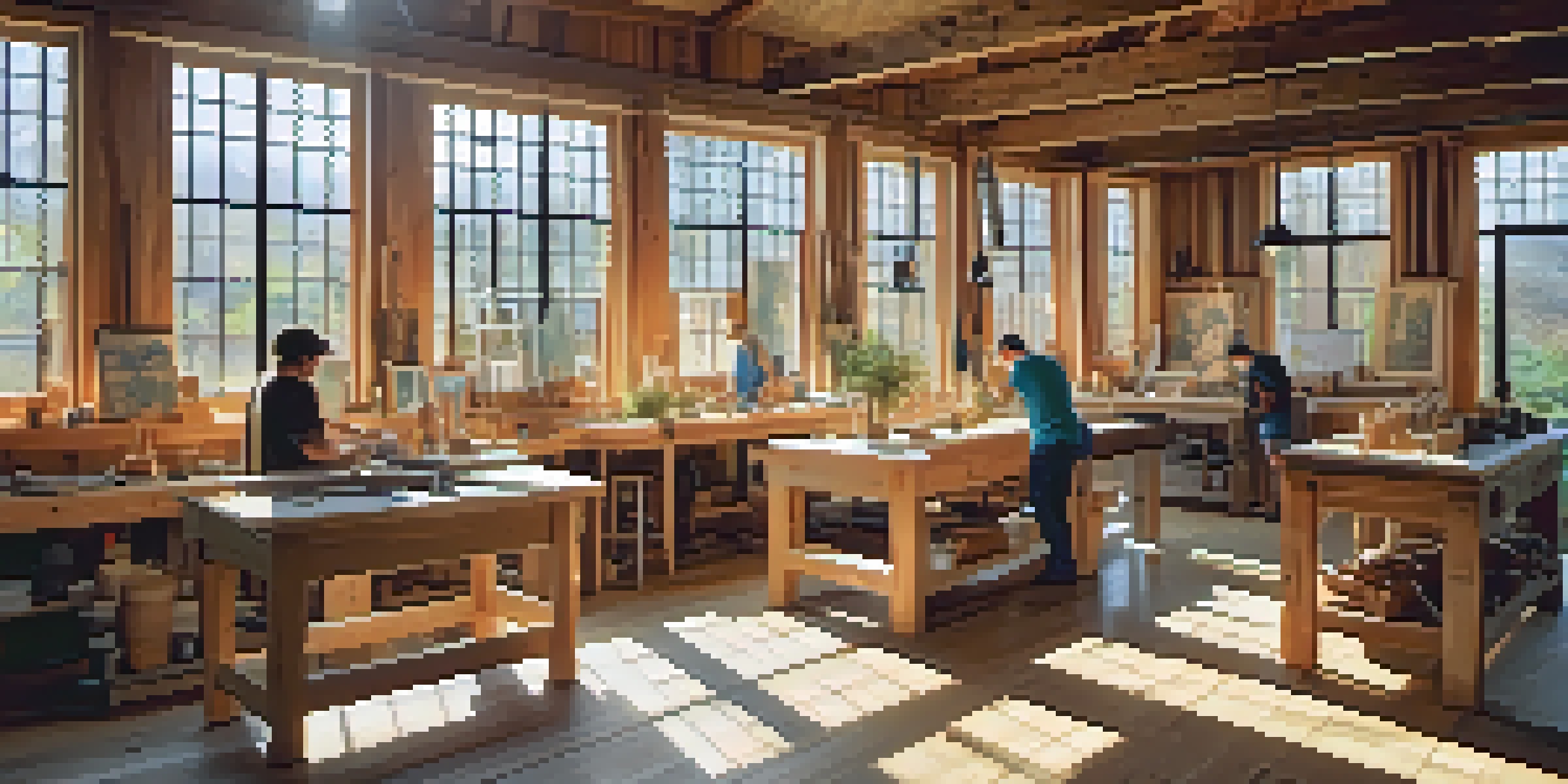 A bright and welcoming carving workshop where artists are engaged in eco-friendly projects with natural light illuminating their work.