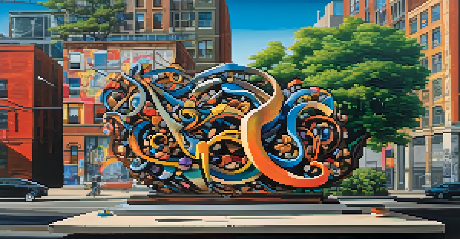 A modern sculpture made from discarded materials, blending traditional carving and contemporary design, placed in an urban environment with graffiti art in the background.