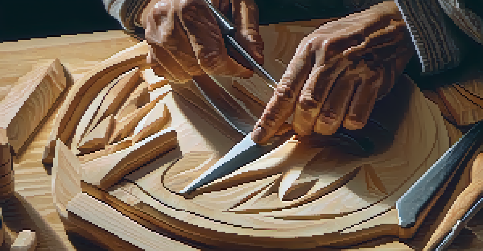 A close-up of hands carving a basswood block with a knife, showcasing the detailed textures of the wood.