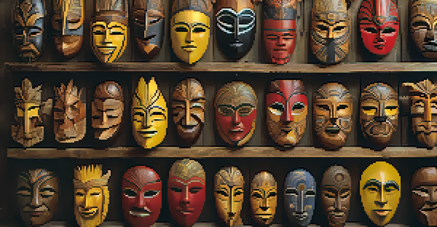 Collection of intricately carved wooden masks on a rustic wall, showcasing diverse designs and colors.