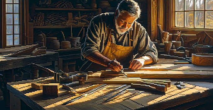 An artisan carving detailed designs into reclaimed wood in a well-lit workshop filled with various carving tools.