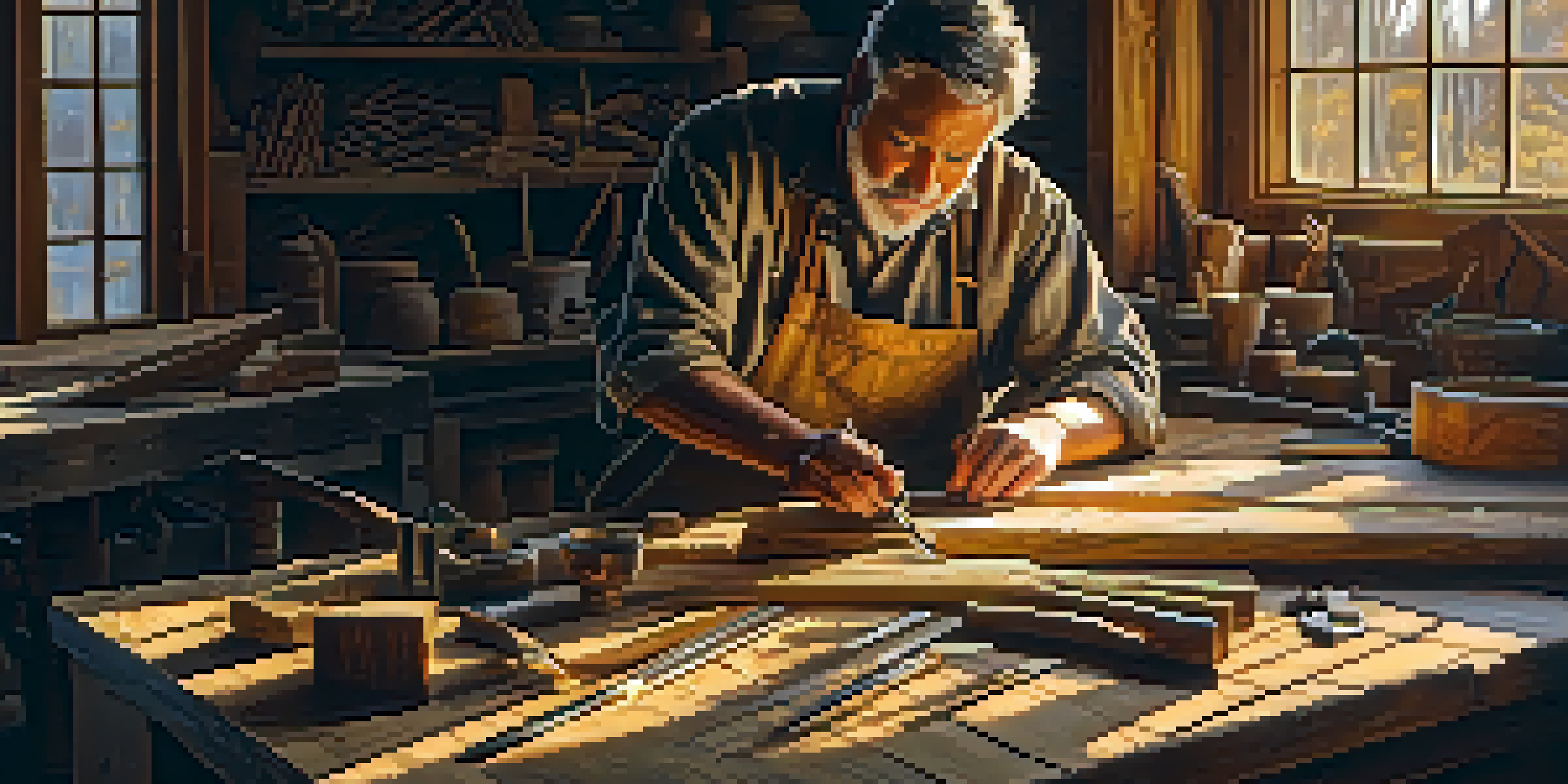 An artisan carving detailed designs into reclaimed wood in a well-lit workshop filled with various carving tools.
