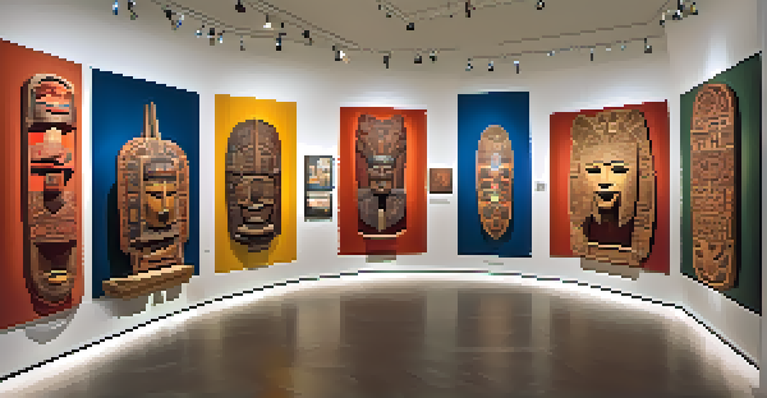 An exhibition of Indigenous carved art, featuring masks and ceremonial objects under bright lights, with visitors admiring the pieces.