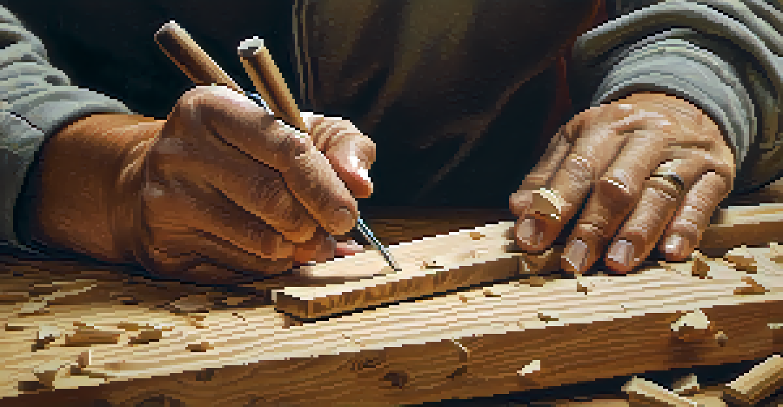 Close-up of a craftsman's hands carving wood with a chisel, showing intricate patterns and wood shavings in the background.