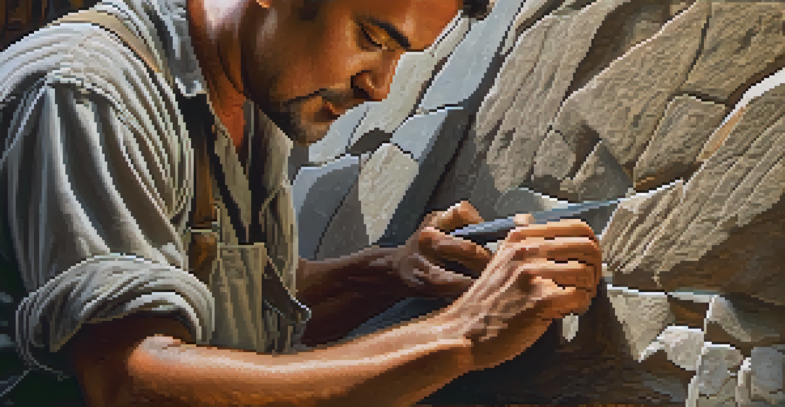 An artisan carefully carving stone, showcasing detailed textures of the stone and tools in a softly lit environment.