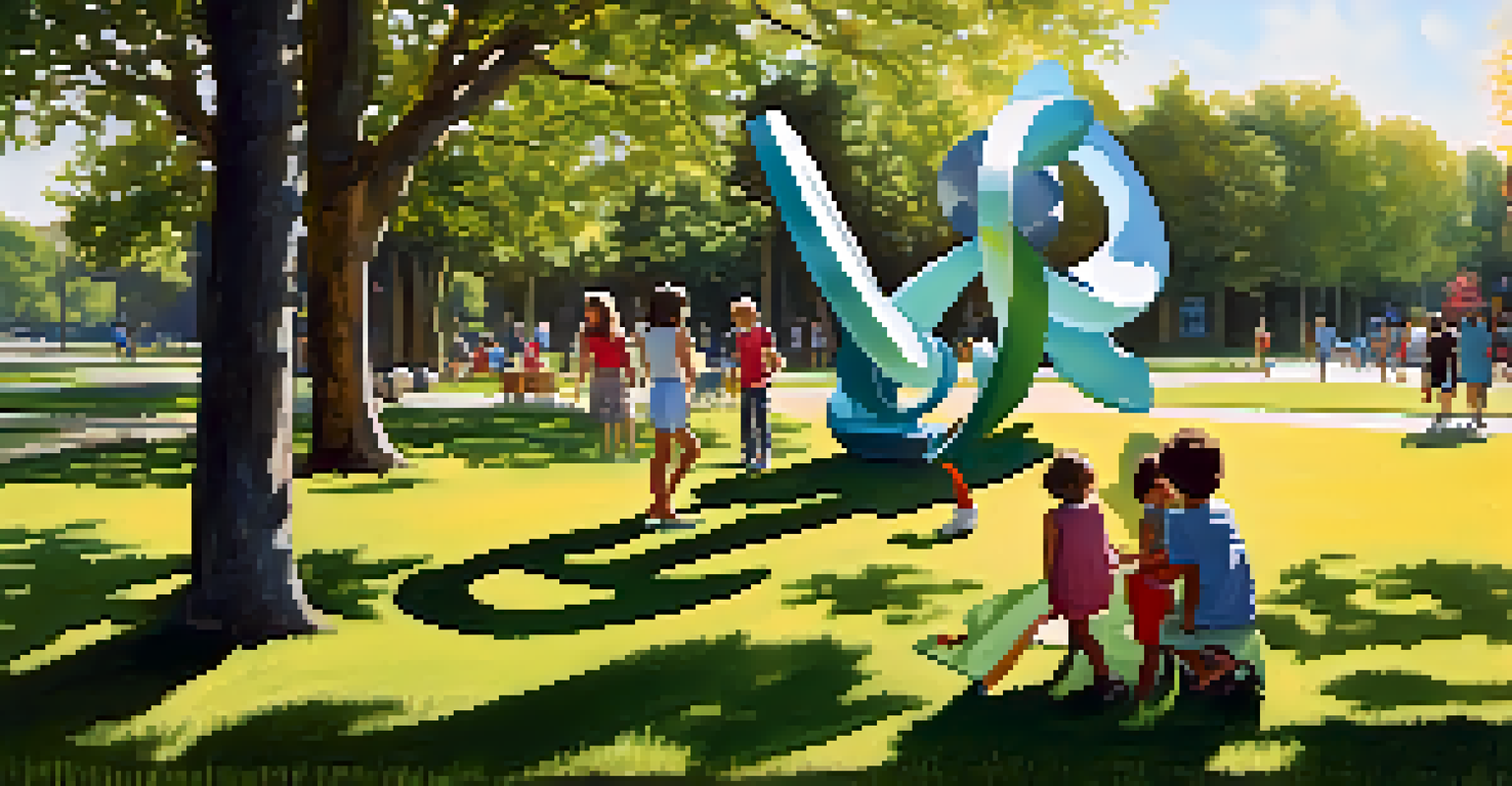 An outdoor park with large abstract sculptures made from recycled materials, surrounded by flowers and families.
