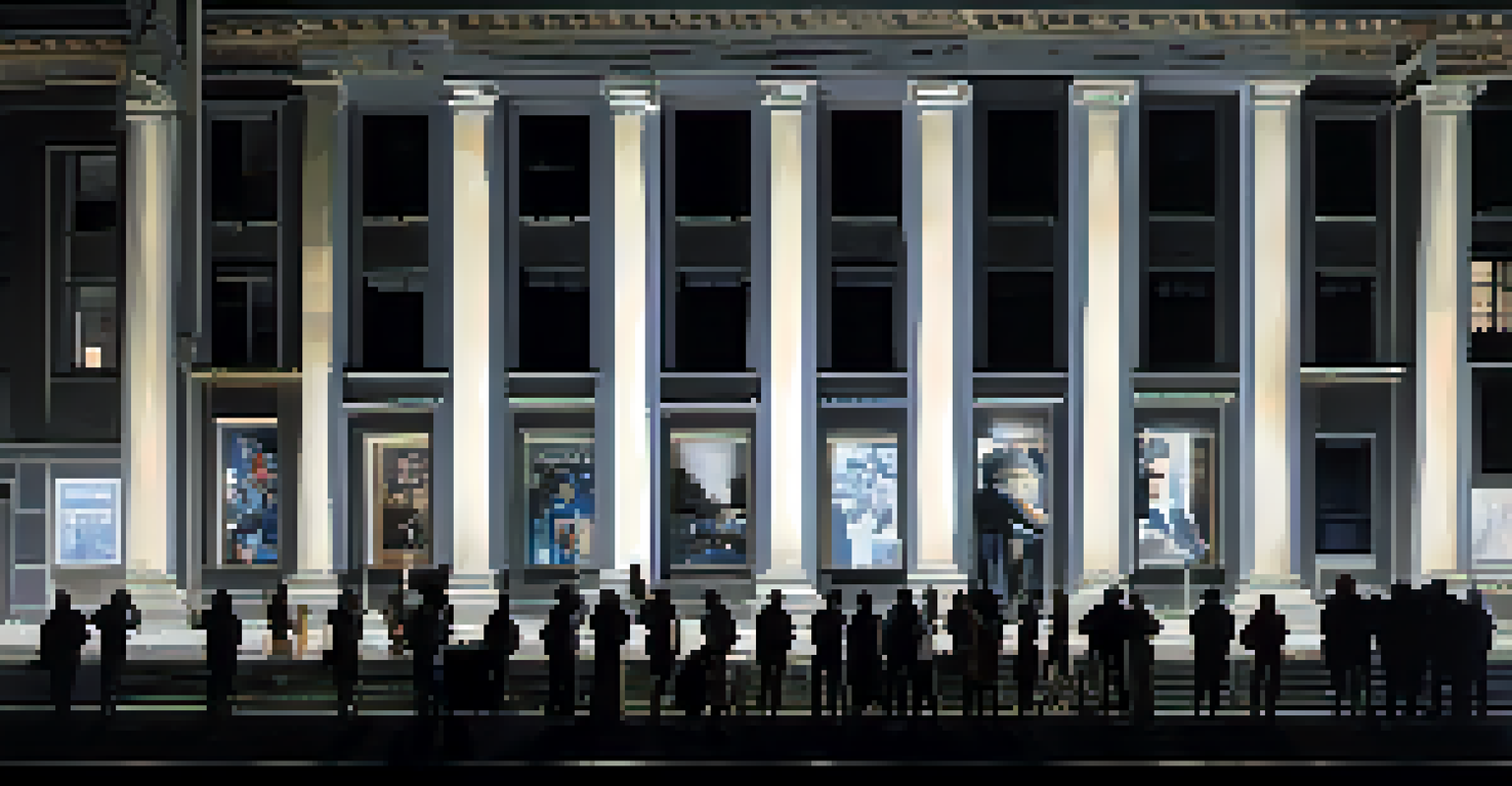 A digital frieze projected onto a modern building at night, showcasing animated scenes of local history, with people gathered to admire it.