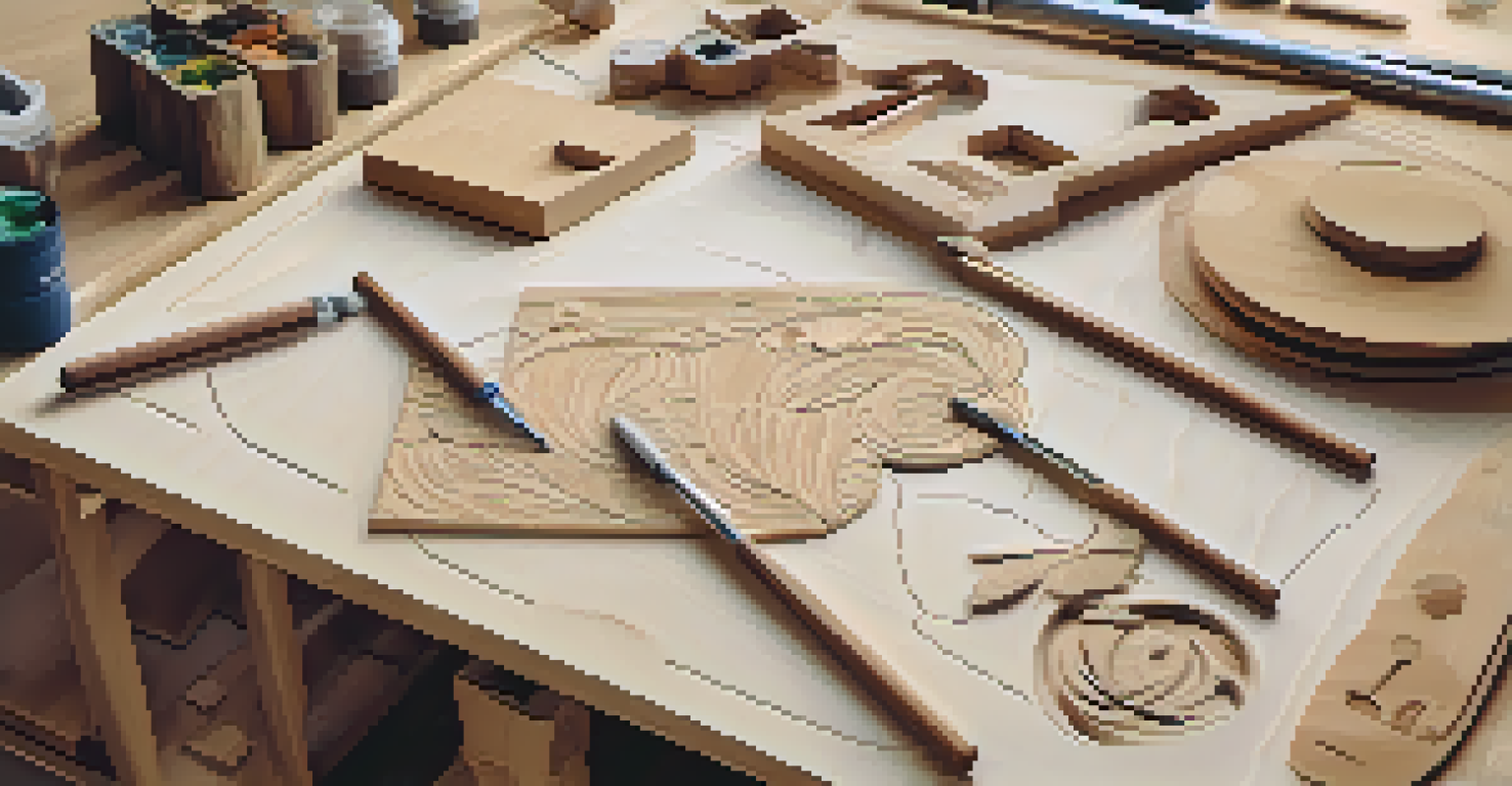 A top-down view of a relief carving workspace showing a wood piece in progress, tools, and a design sketch.