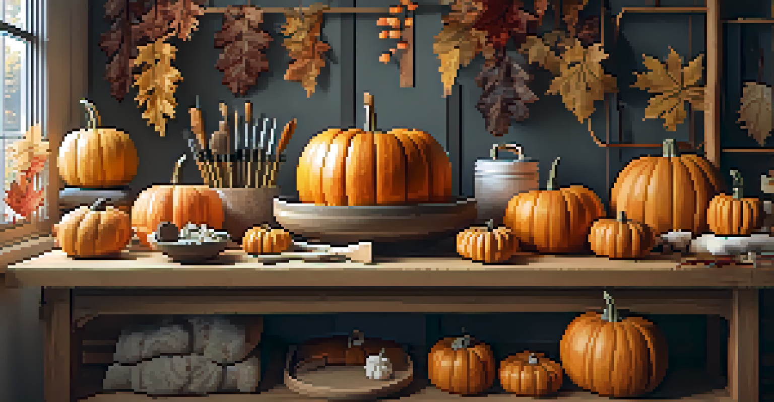 A tidy carving area with a pumpkin in a bowl and neatly arranged tools, decorated with autumn items.