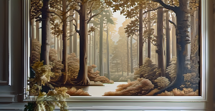 A wooden wall mural featuring a forest scene with detailed trees and leaves, illuminated by natural light.