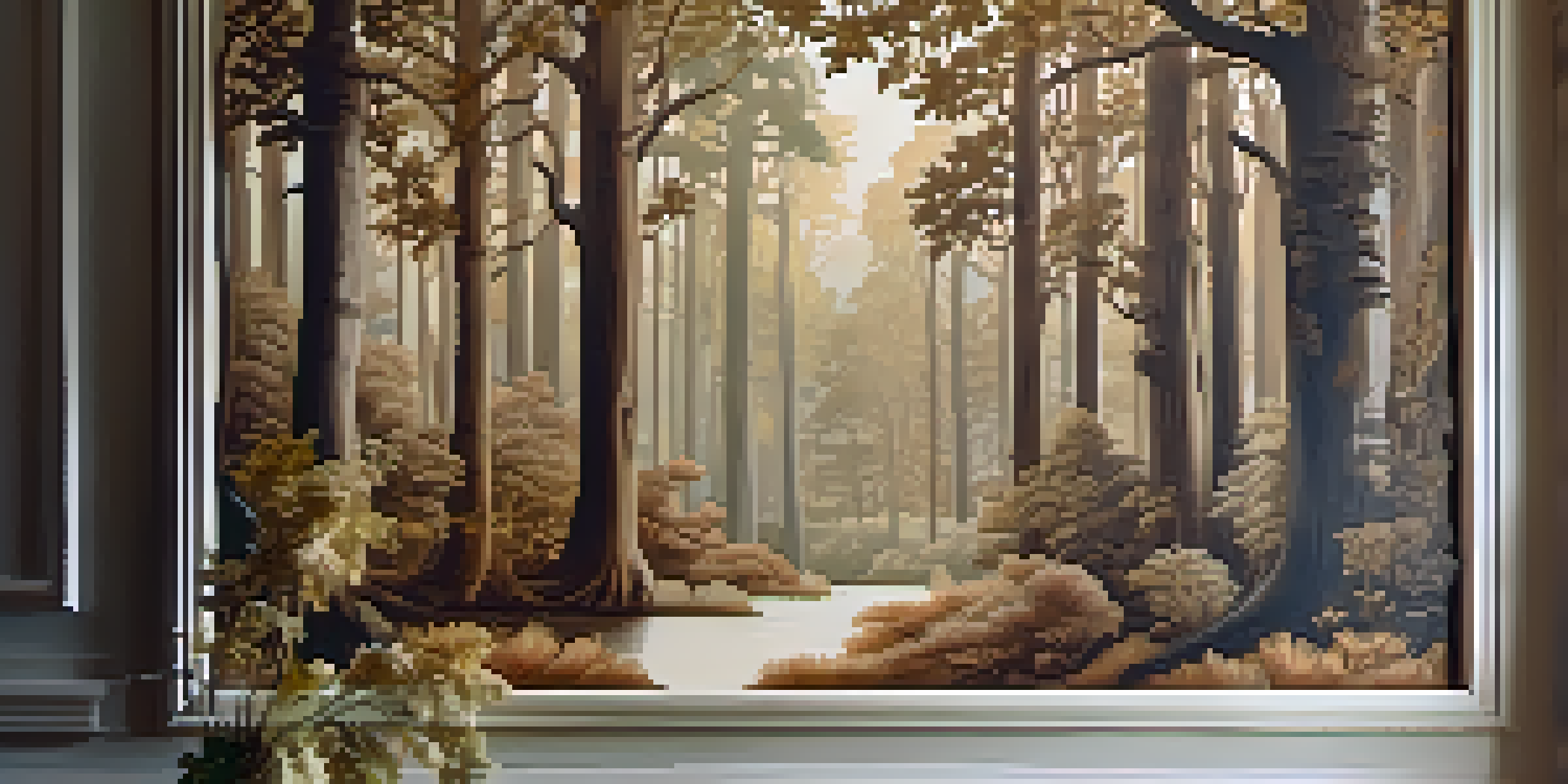 A wooden wall mural featuring a forest scene with detailed trees and leaves, illuminated by natural light.