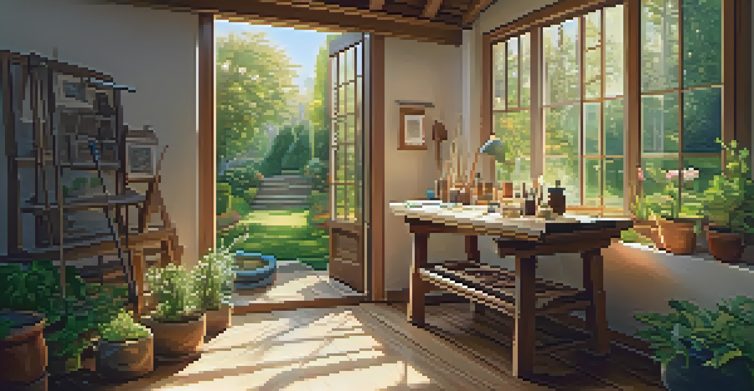An inviting carving studio with tools on a wooden bench, bathed in warm sunlight, overlooking a garden.
