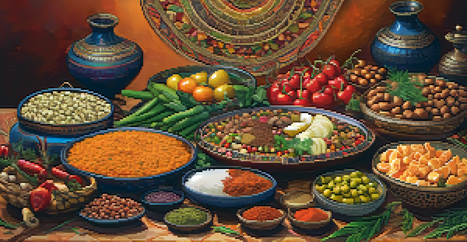 A colorful Middle Eastern mezze platter featuring intricately carved dishes, surrounded by vibrant spices and garnishes.