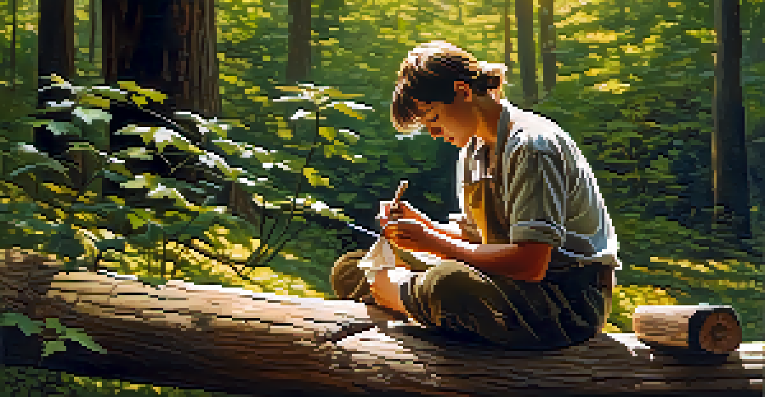 A beginner whittler sitting on a log in a forest, practicing on a block of wood with a carving glove.