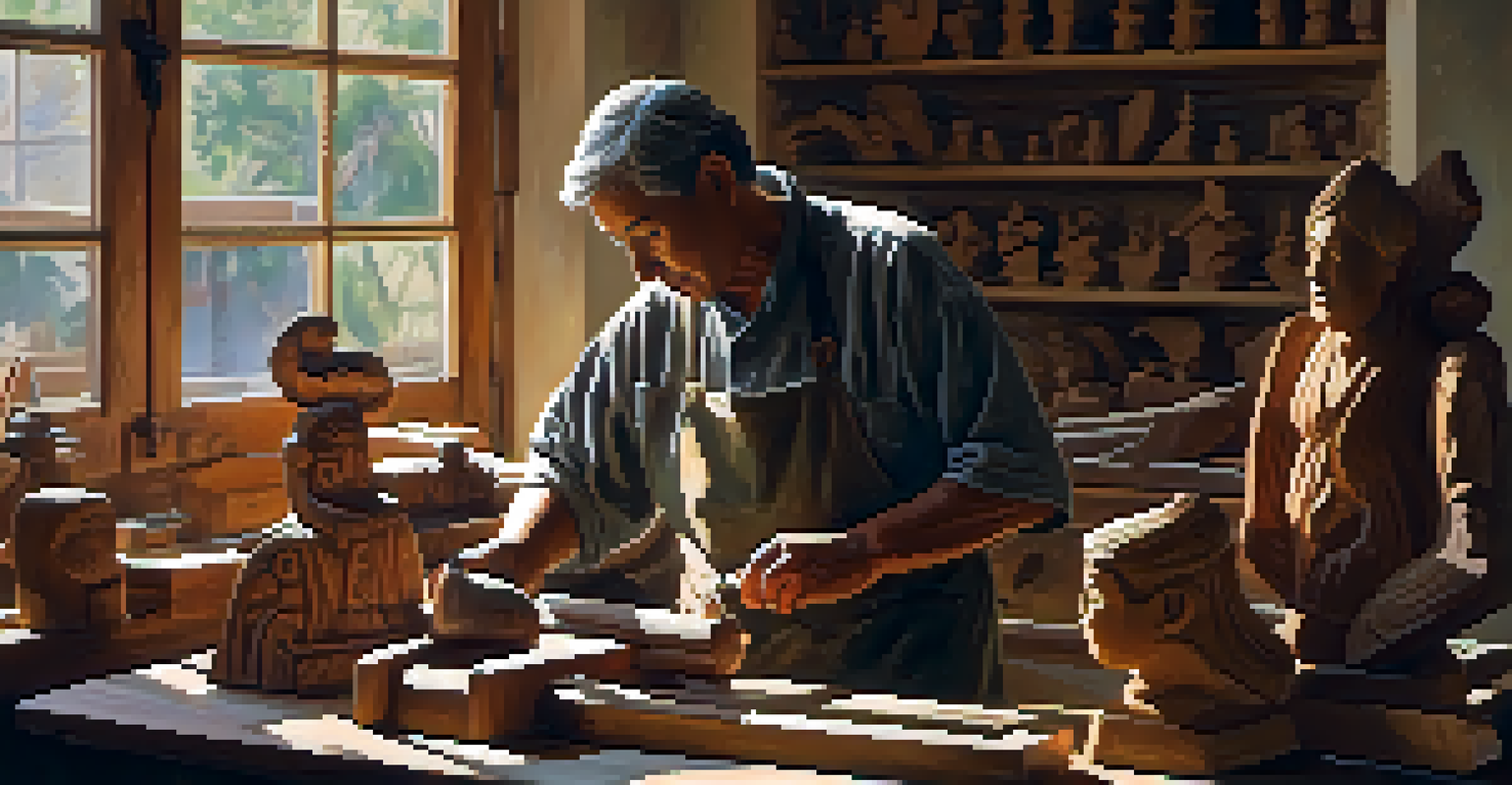 An artisan carving a wooden statue in a sunlit workshop surrounded by sculptures.
