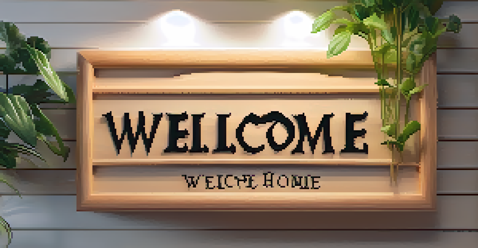 A carved wooden sign with 'Welcome Home' text, surrounded by plants and soft lighting.