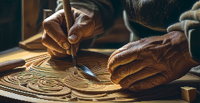 A close-up of an artisan focused on carving a wooden sculpture, with tools and natural light enhancing the details of the wood grain.
