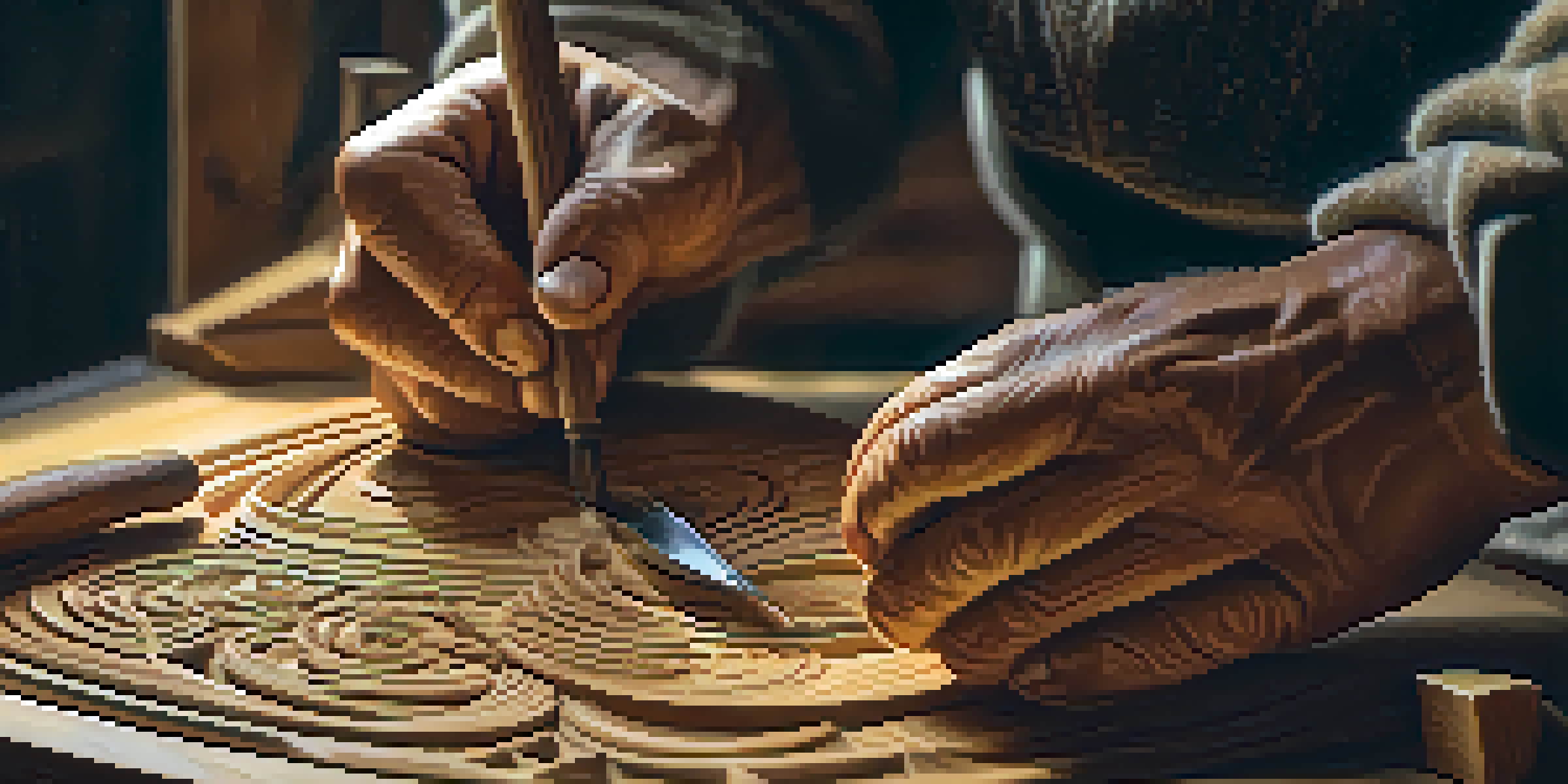 A close-up of an artisan focused on carving a wooden sculpture, with tools and natural light enhancing the details of the wood grain.
