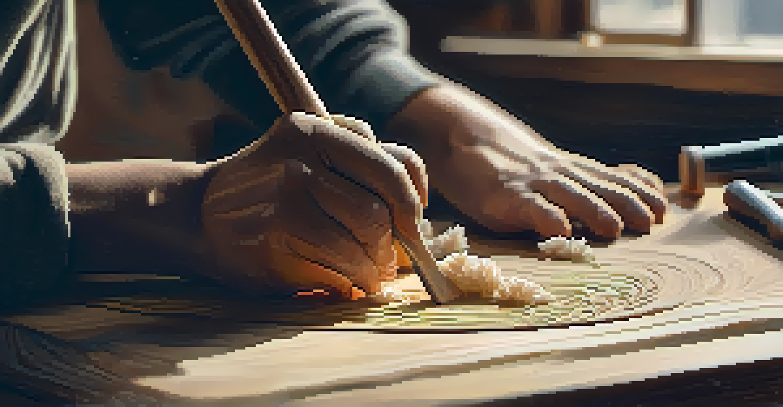 Close-up of hands carving intricate details into a wooden block with warm lighting.
