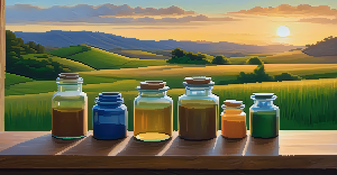A sunset over a green field with a wooden table displaying jars of natural pigments.