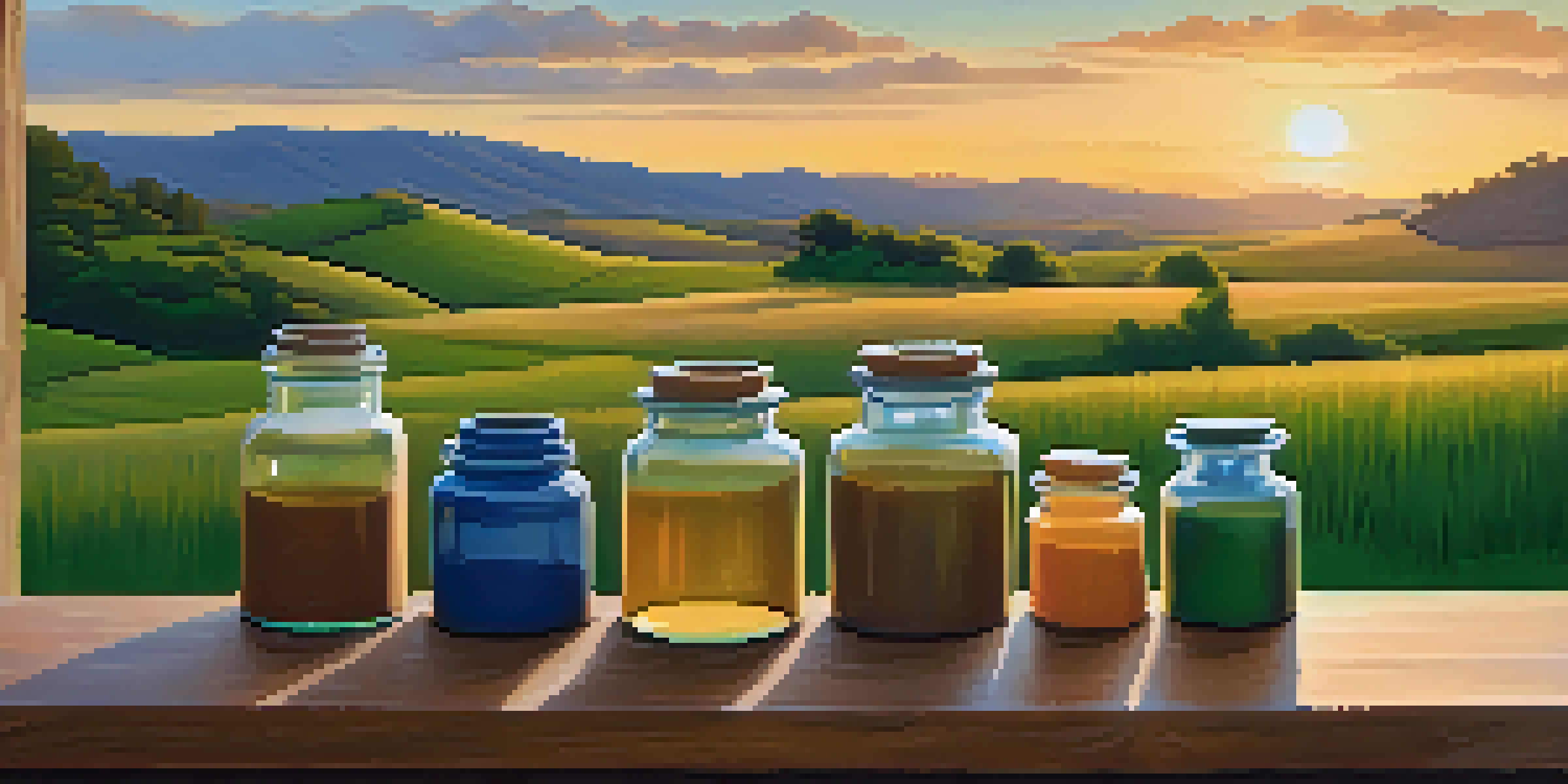 A sunset over a green field with a wooden table displaying jars of natural pigments.