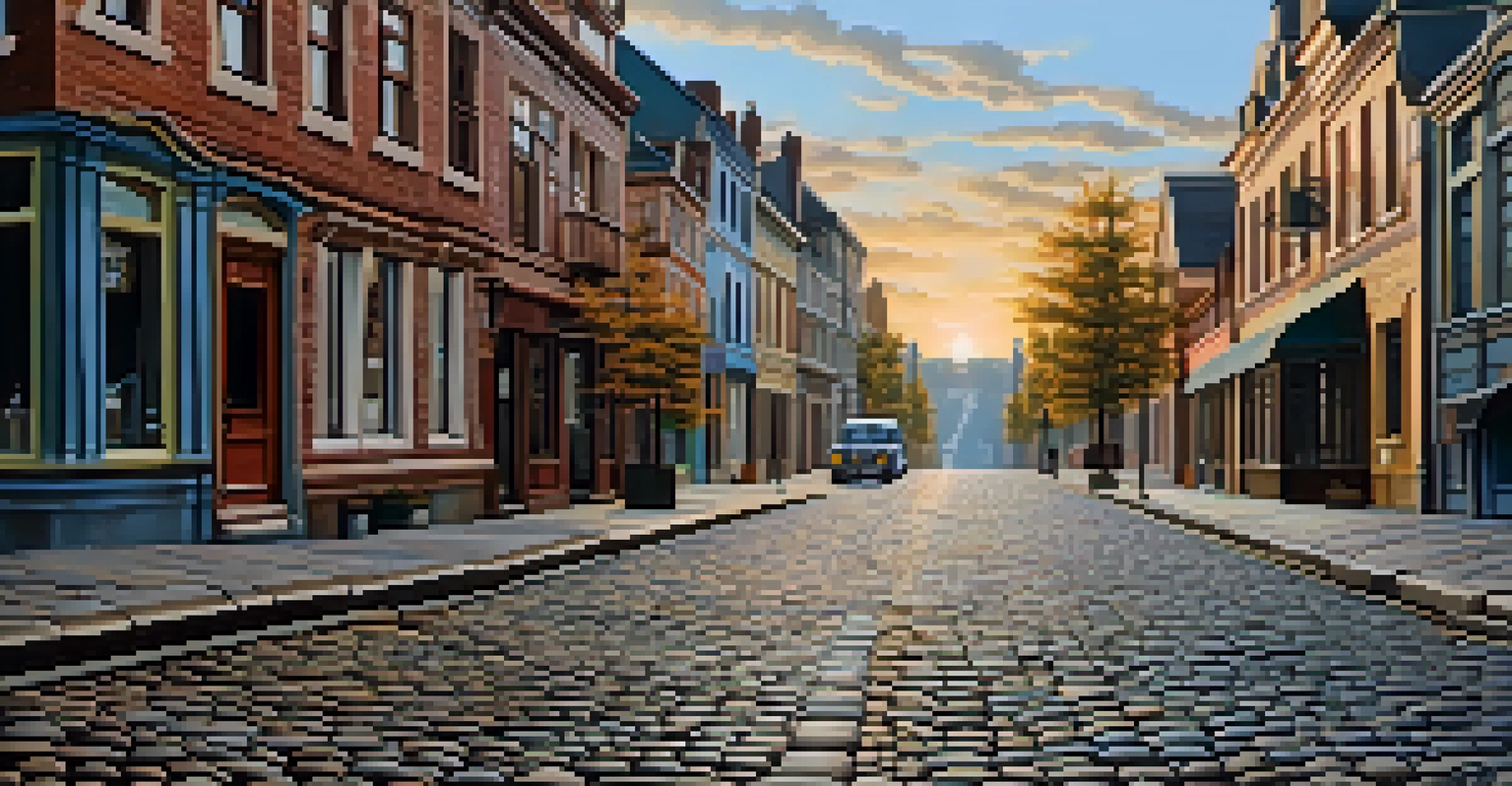 A street scene carving with a one-point perspective, showing detailed cobblestones and buildings leading to a vanishing point.