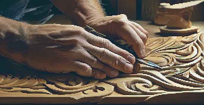A close-up of an artisan's hands carving intricate patterns into oak wood, with tools and wood shavings visible in a rustic workshop.
