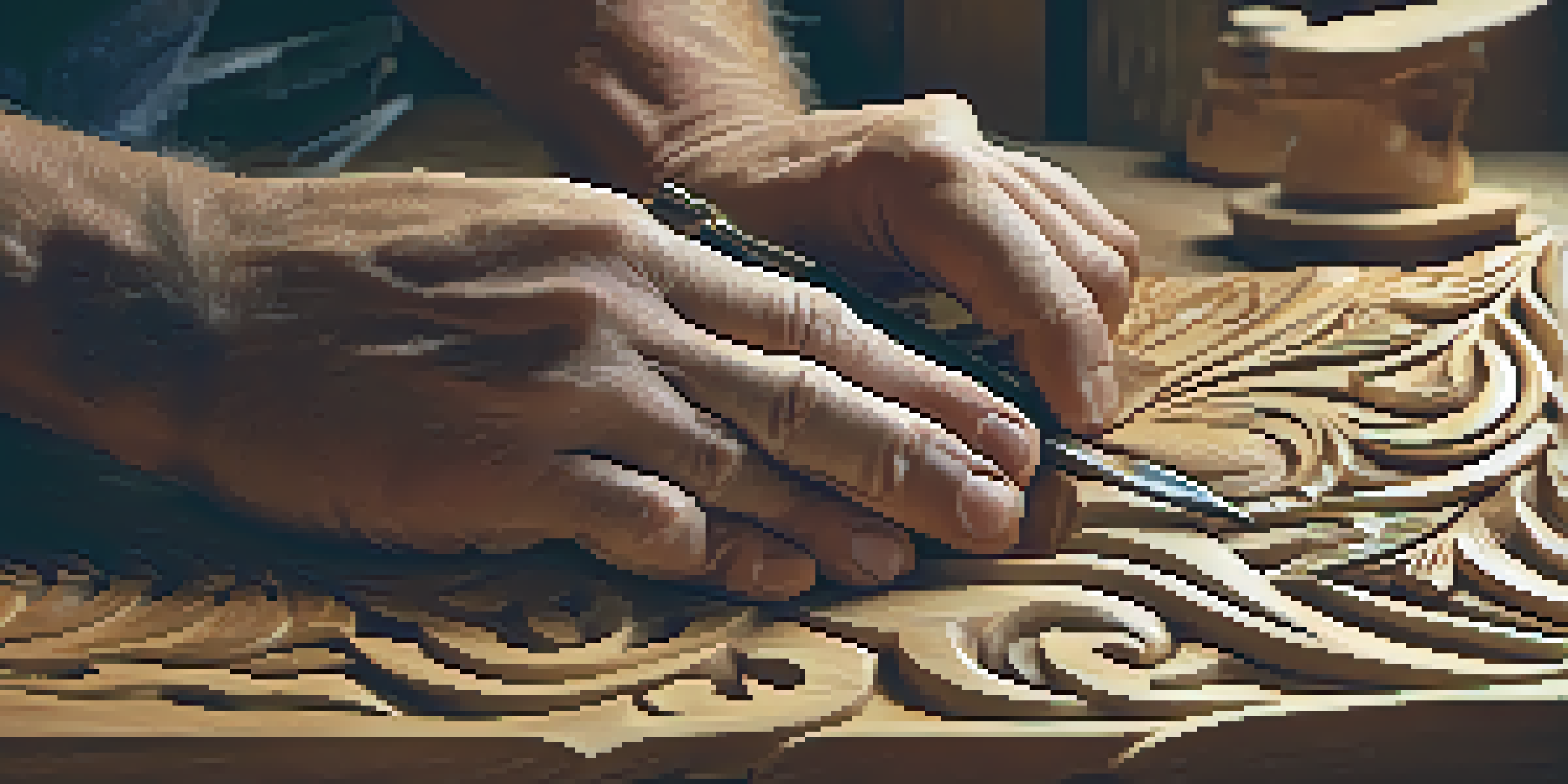 A close-up of an artisan's hands carving intricate patterns into oak wood, with tools and wood shavings visible in a rustic workshop.