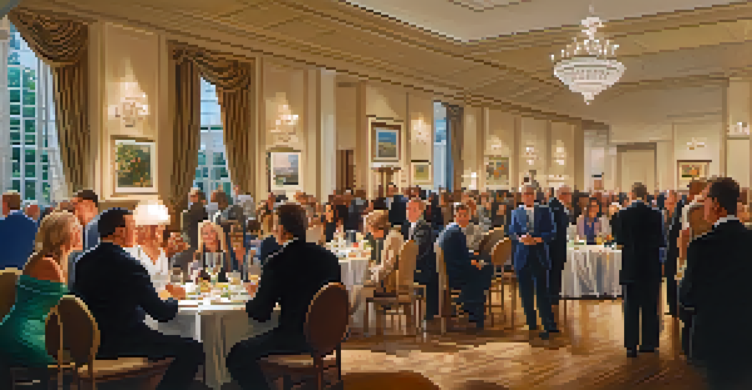 An inviting charity auction atmosphere with guests mingling, enjoying refreshments, and admiring hand-carved artwork in a well-decorated space.