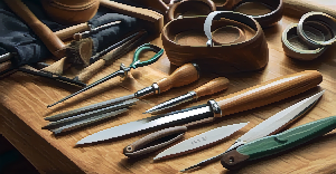 A detailed view of a carving tool set on a wooden workbench, with sharp blades and polished handles, illuminated by natural light.