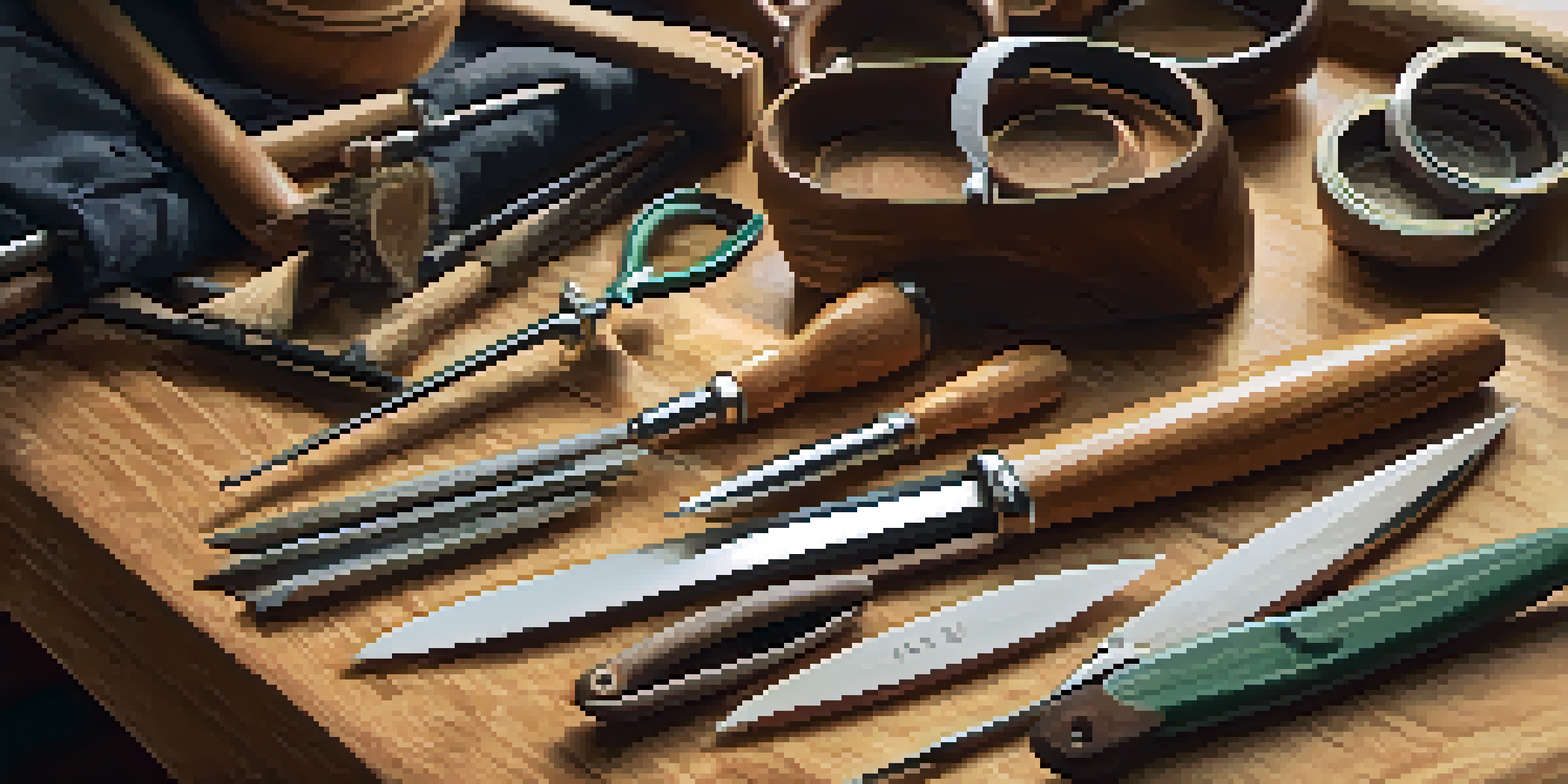 A detailed view of a carving tool set on a wooden workbench, with sharp blades and polished handles, illuminated by natural light.