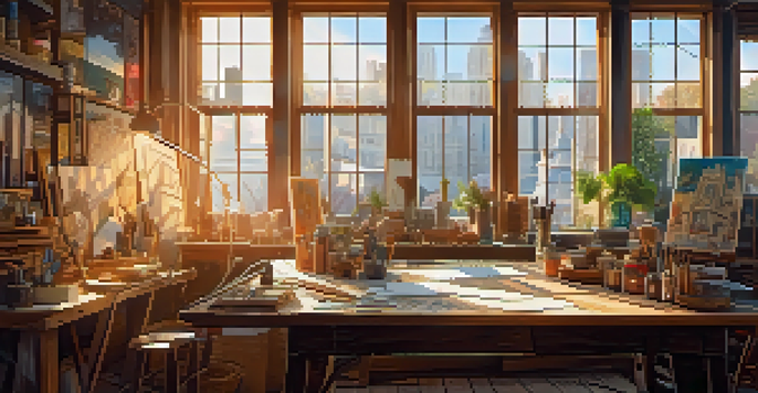 A film production design workspace with sketches, color palettes, and a designer carving wood, illuminated by sunlight from large windows.