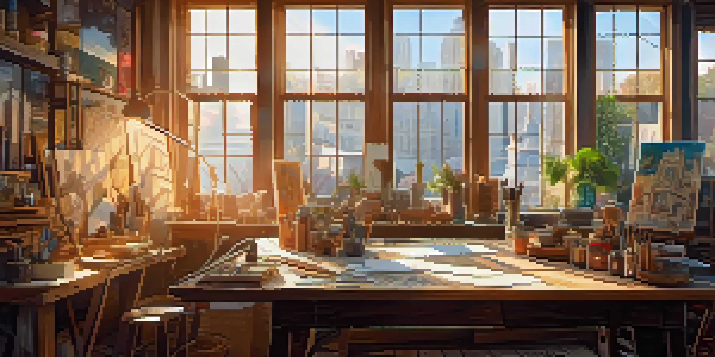 A film production design workspace with sketches, color palettes, and a designer carving wood, illuminated by sunlight from large windows.