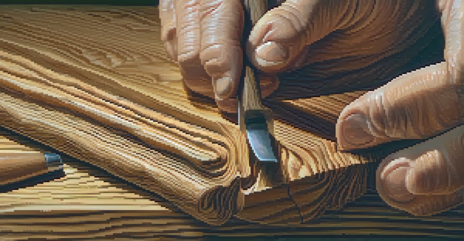 Close-up of hands carving wood, emphasizing the textures and tools involved in the process.