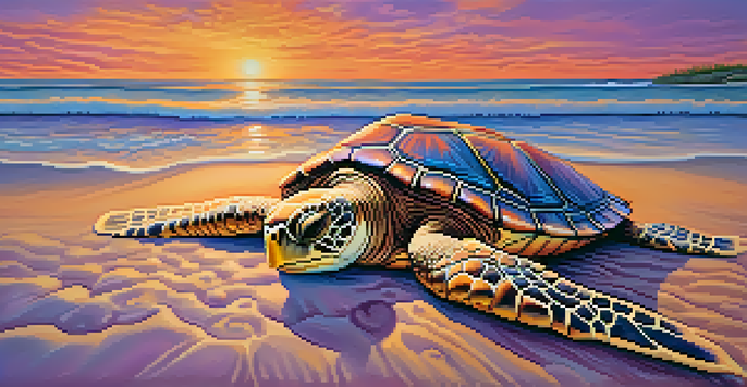 A sand sculpture of a sea turtle on a beach at sunset, with colorful skies and surrounding seashells.