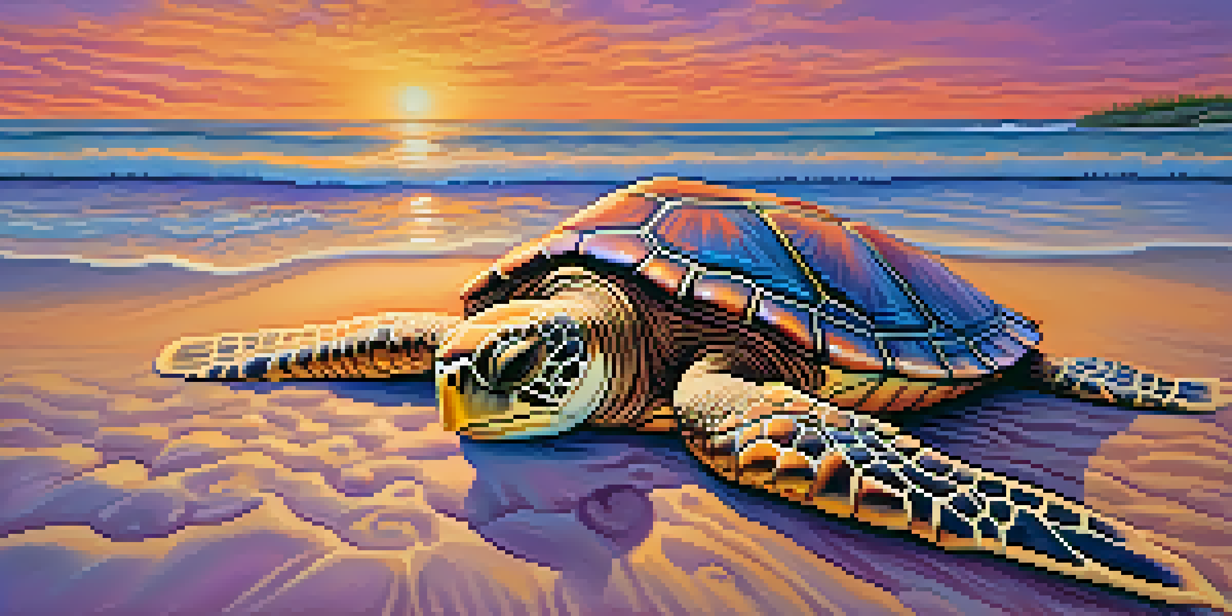 A sand sculpture of a sea turtle on a beach at sunset, with colorful skies and surrounding seashells.